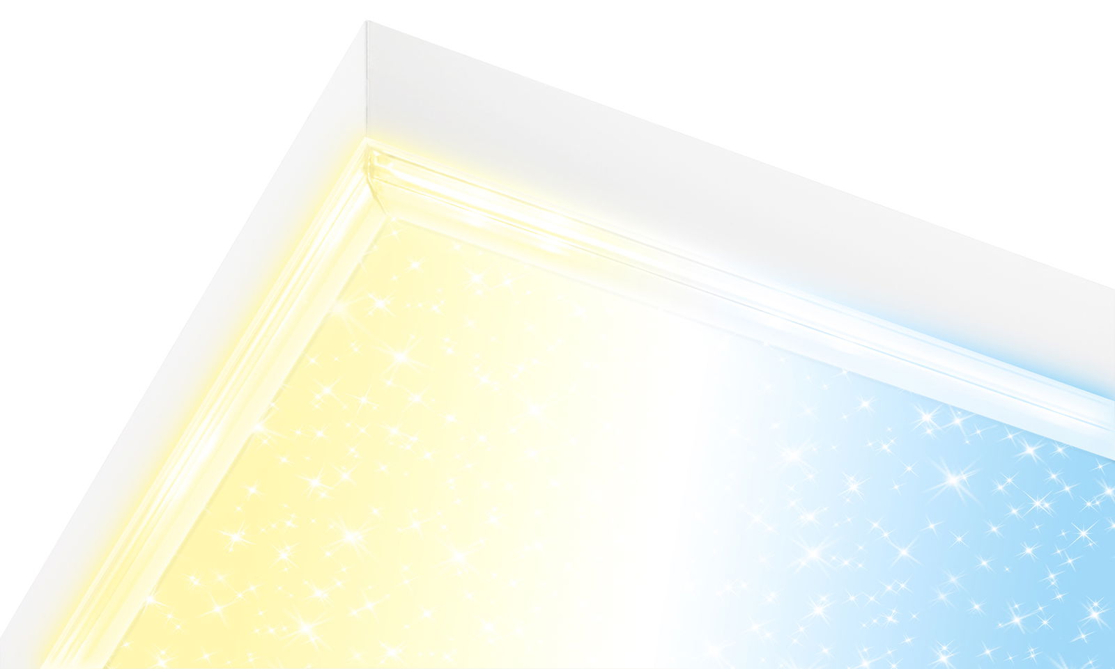 Nahaufnahme einer LED-Deckenleuchte mit funkelndem gelbem und blauem Licht, perspektivisch von unten links betrachtet.