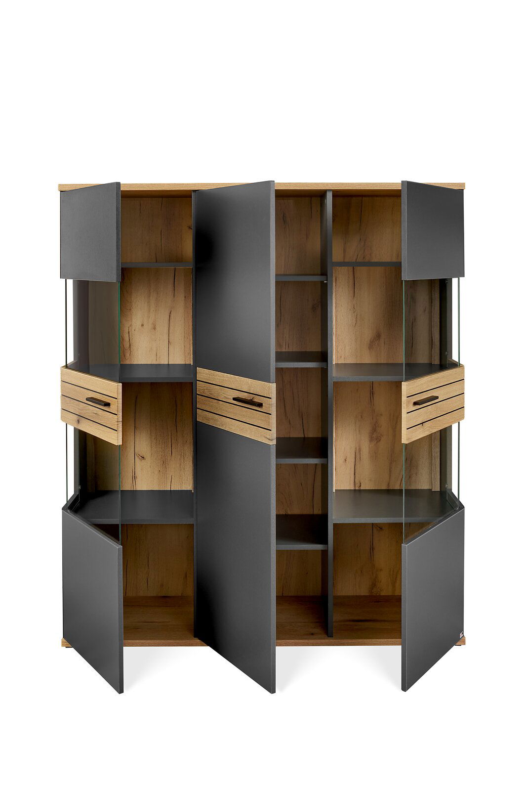 Frontansicht eines modernen Highboards mit offenen Türen, grauen Fronten und Holzelementen.