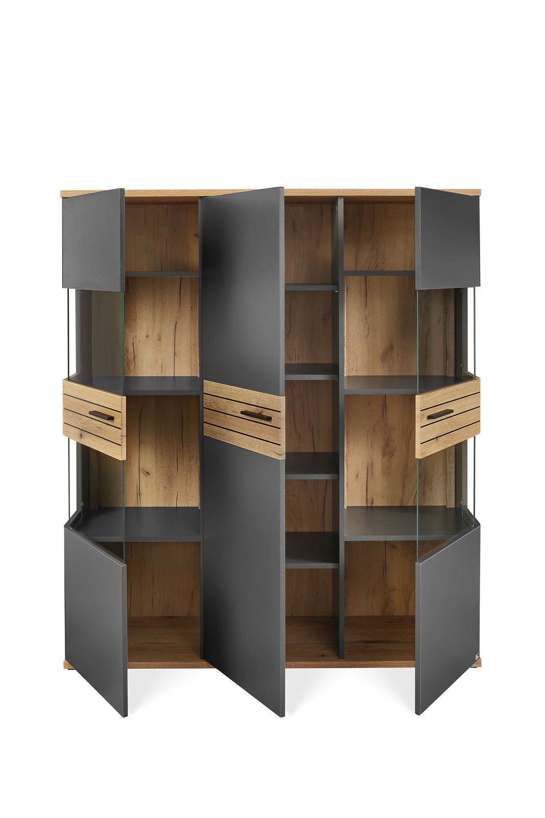 Frontansicht eines modernen Highboards mit offenen Türen, grauen Fronten und Holzelementen.