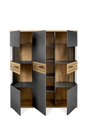 Frontansicht eines modernen Highboards mit offenen Türen, grauen Fronten und Holzelementen.