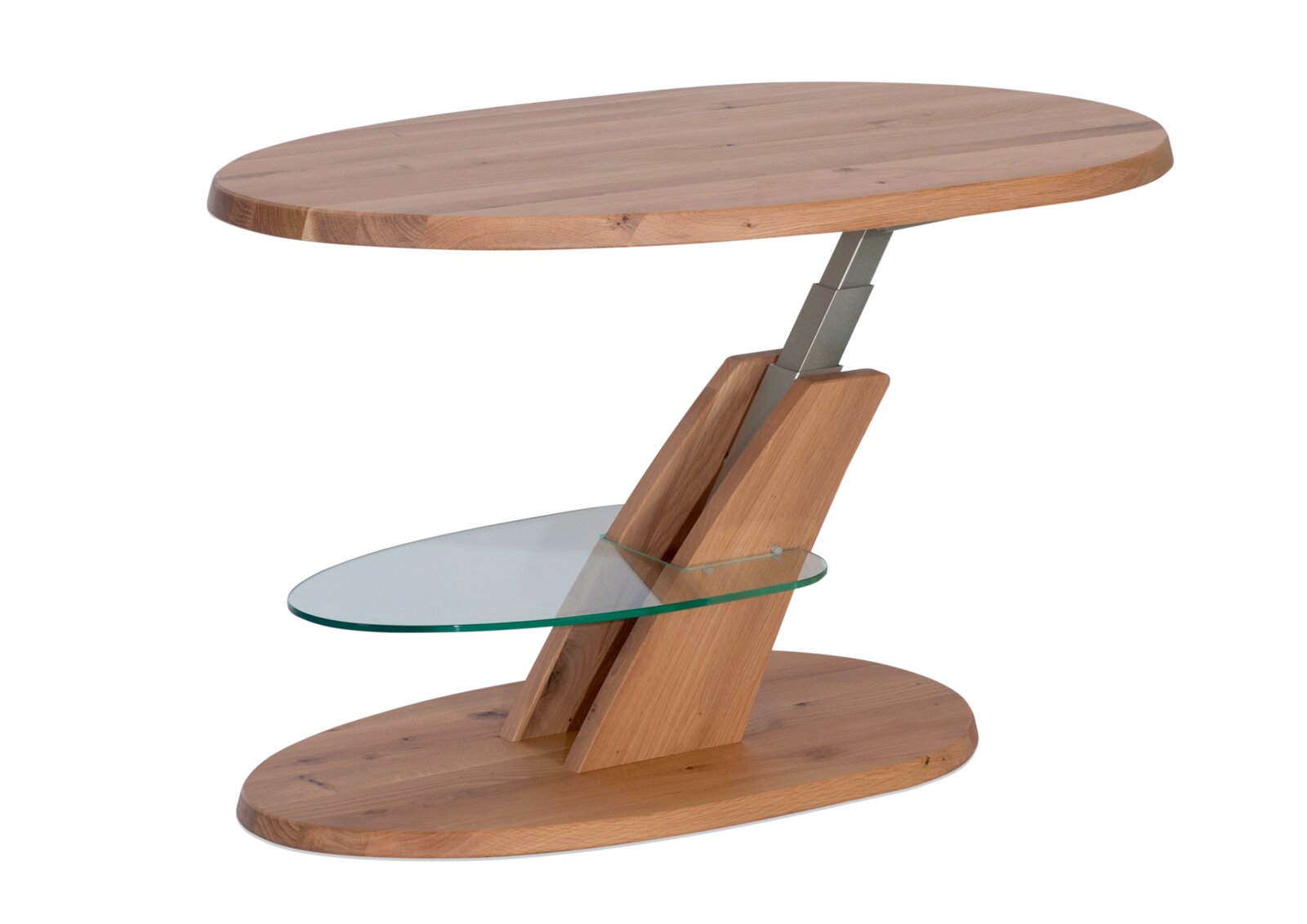 Moderner Couchtisch mit ovaler Holzplatte und Glasablage, seitliche Perspektive