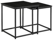Zwei schwarze Beistelltische aus Metall, ineinander verschachtelt, seitliche Perspektive.