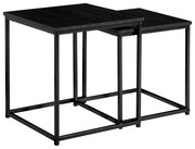 Zwei schwarze Beistelltische aus Metall, ineinander verschachtelt, seitliche Perspektive.