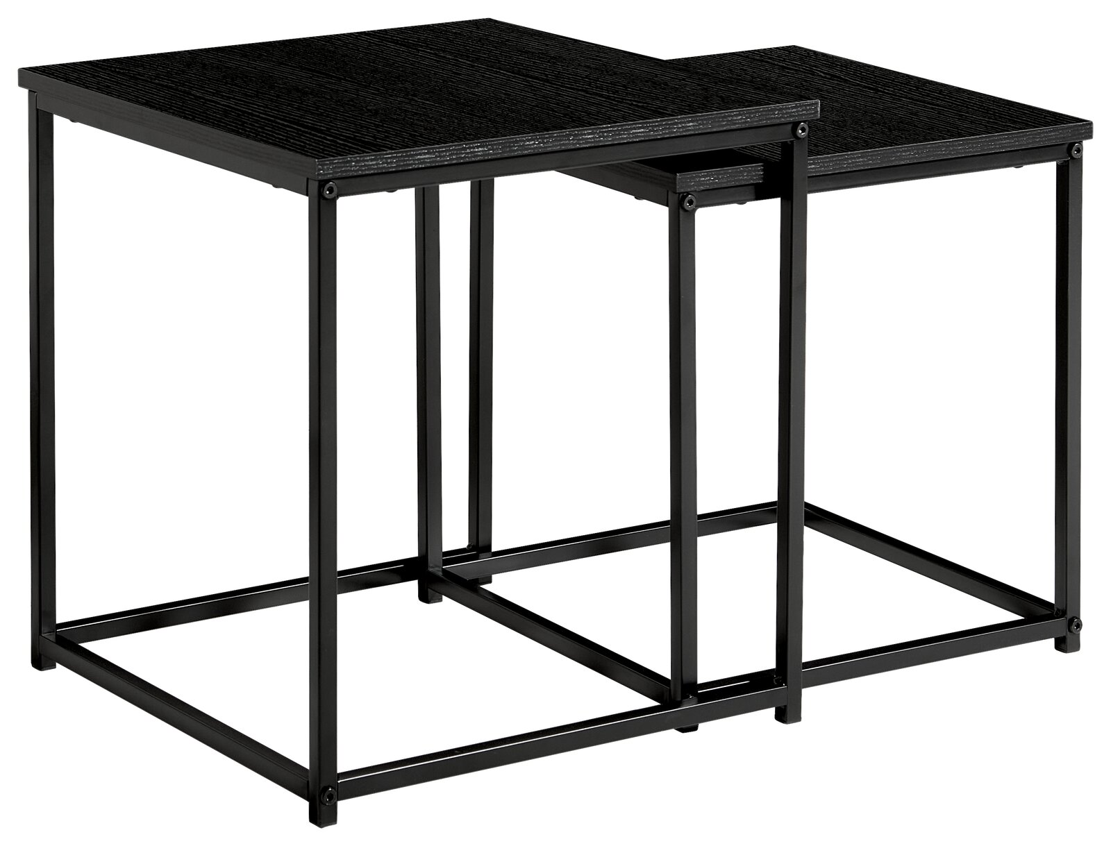 Zwei schwarze Beistelltische aus Metall, ineinander verschachtelt, seitliche Perspektive.