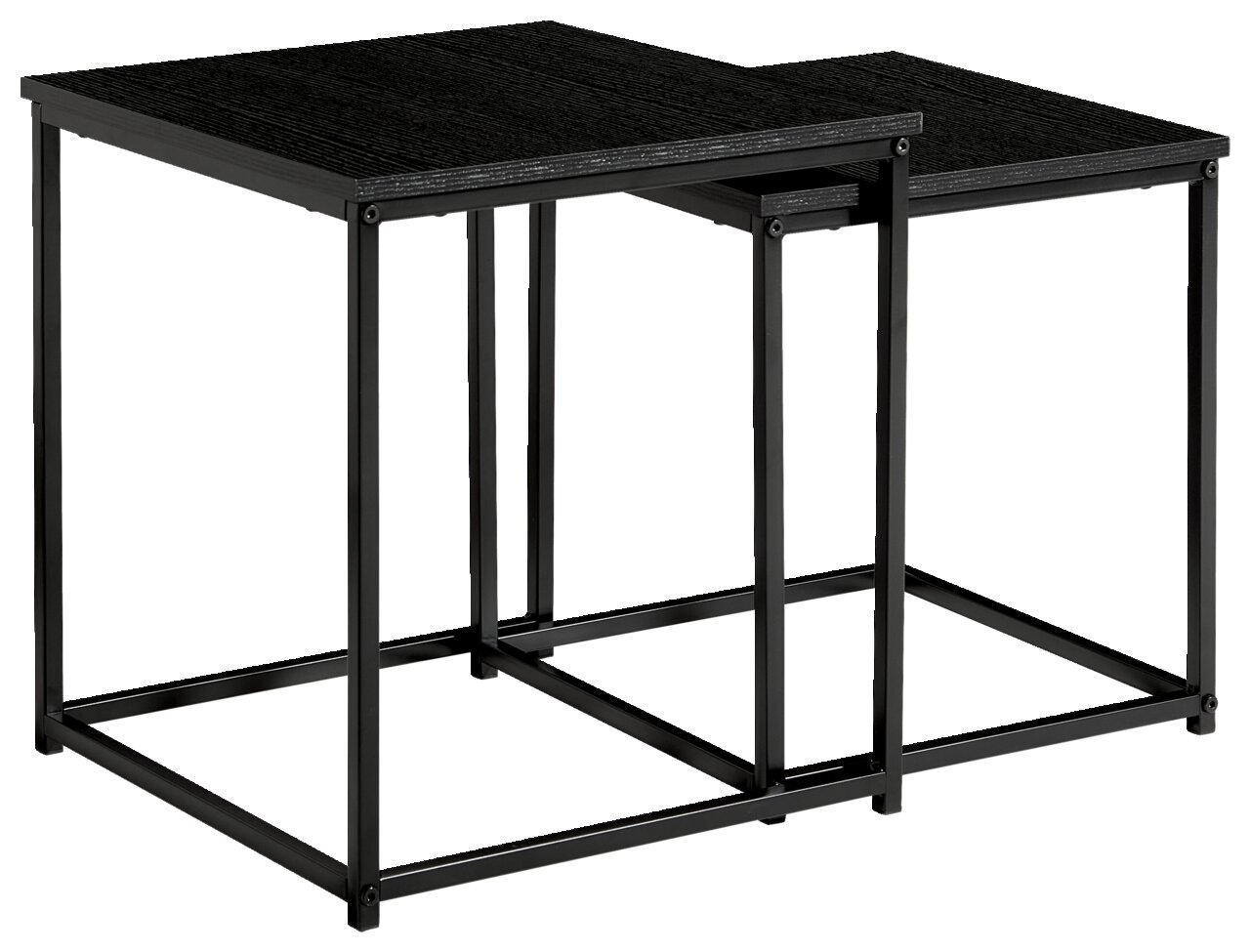 Zwei schwarze Beistelltische aus Metall, ineinander verschachtelt, seitliche Perspektive.