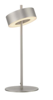 Moderne Tischleuchte Q-ROTATE in gebürstetem Metall mit schwenkbarem Lampenschirm, seitliche Perspektive