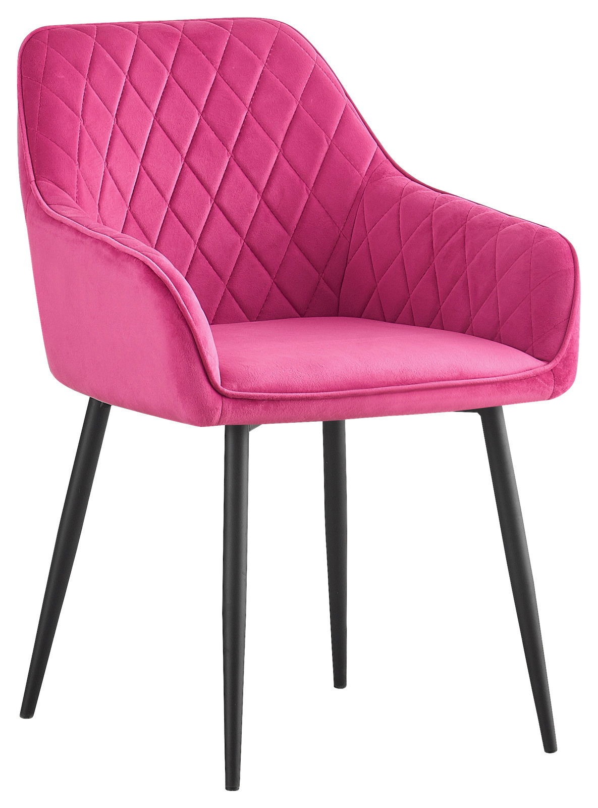 Moderner pinker Armlehnstuhl mit gestepptem Muster und schwarzen Beinen, seitliche Perspektive