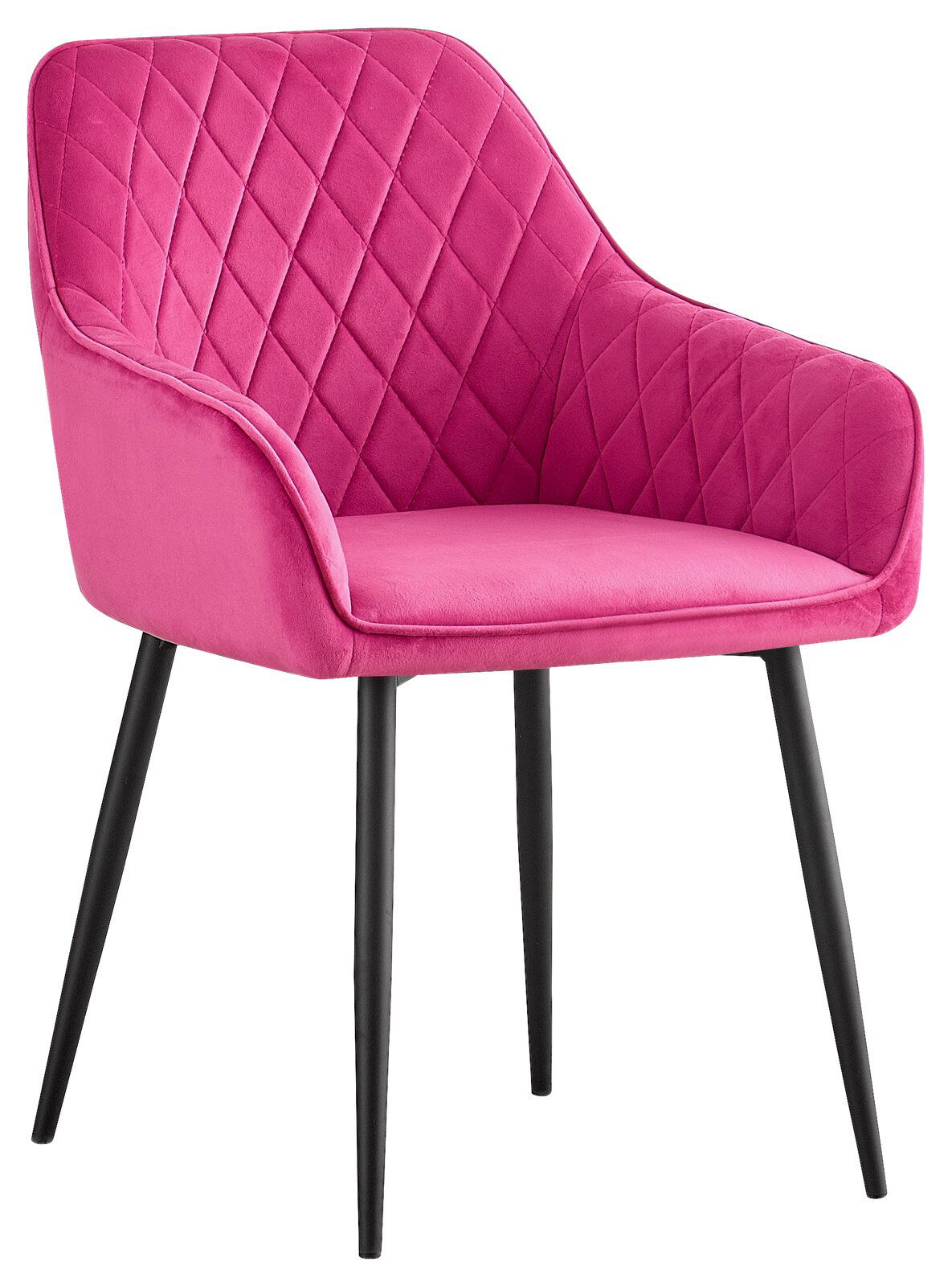 Moderner pinker Armlehnstuhl mit gestepptem Muster und schwarzen Beinen, seitliche Perspektive