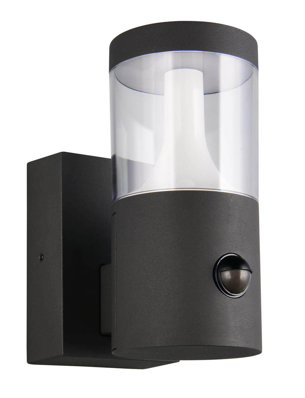 Moderne LED-Außenwandleuchte in schwarzem Gehäuse mit klarem Zylinder und integriertem Bewegungssensor, seitliche Perspektive