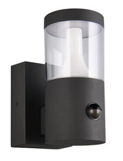 Moderne LED-Außenwandleuchte in schwarzem Gehäuse mit klarem Zylinder und integriertem Bewegungssensor, seitliche Perspektive