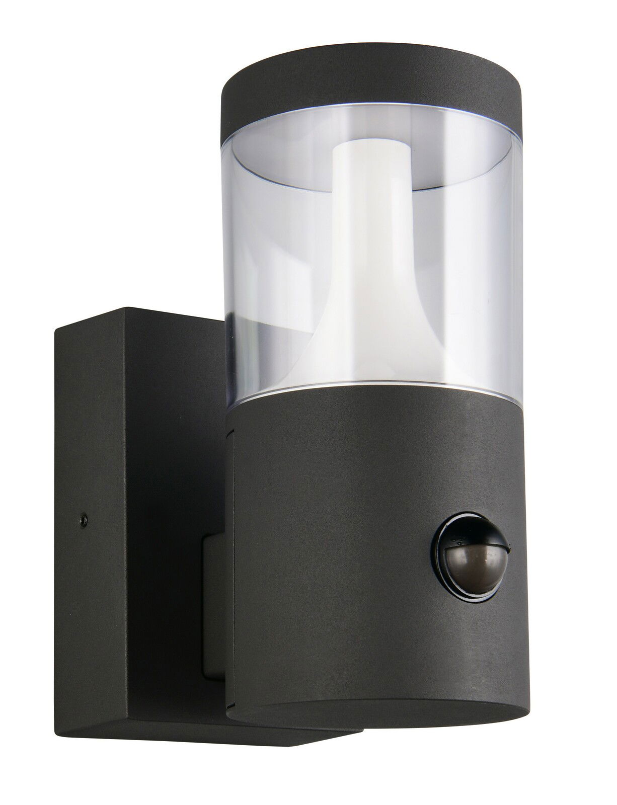 Moderne LED-Außenwandleuchte in schwarzem Gehäuse mit klarem Zylinder und integriertem Bewegungssensor, seitliche Perspektive