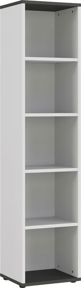 Schmales Aktenregal mit fünf offenen Fächern, seitliche Perspektive