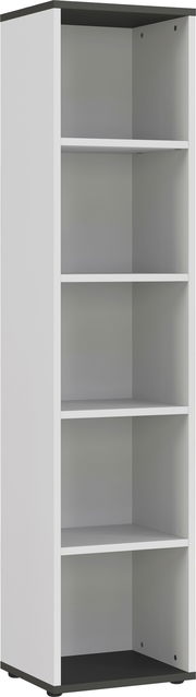 Schmales Aktenregal mit fünf offenen Fächern, seitliche Perspektive