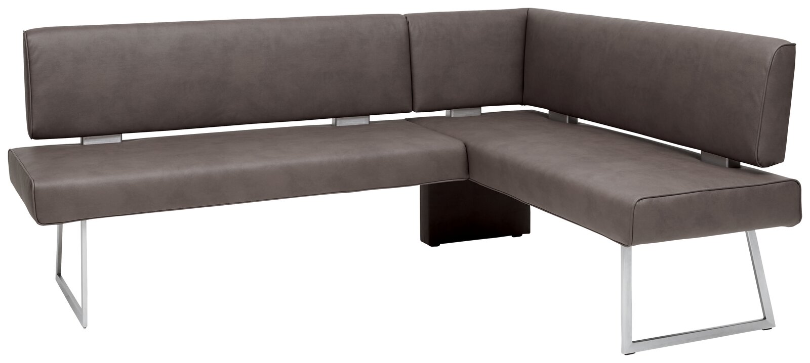 Moderne Eckbank in L-Form mit grauem Polster und Metallbeinen, seitliche Perspektive