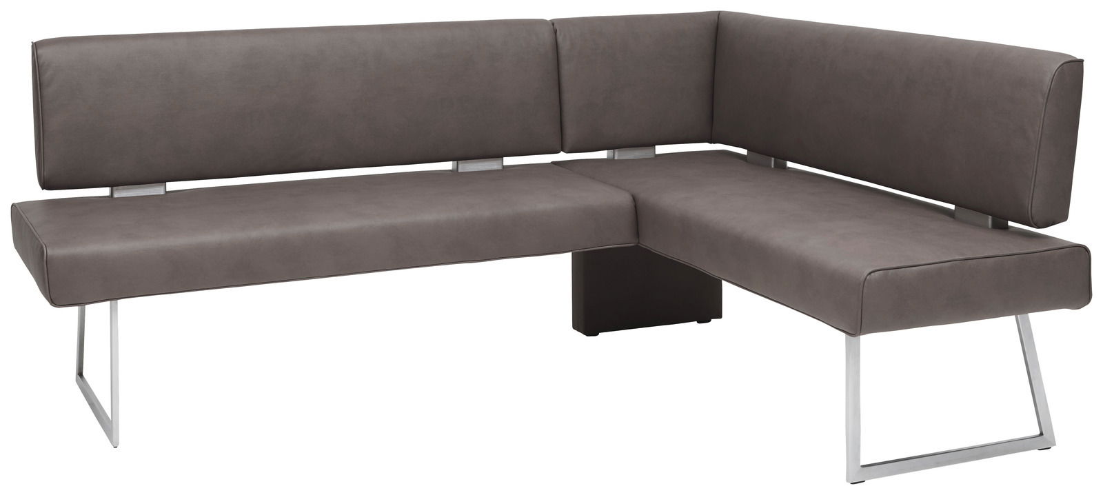 Moderne Eckbank in L-Form mit grauem Polster und Metallbeinen, seitliche Perspektive