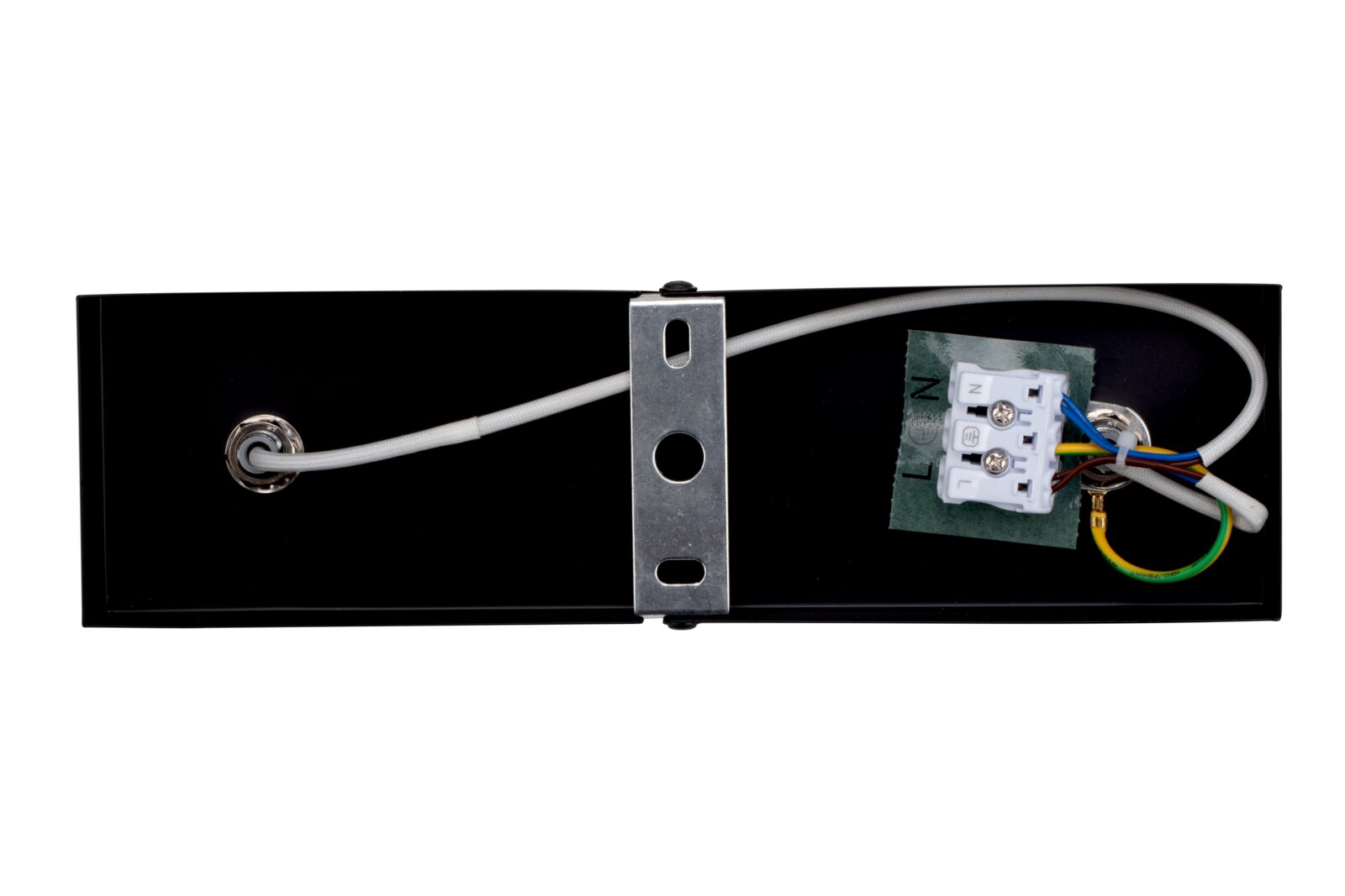 Rückansicht eines LED-Strahlers mit Kabelanschluss und Metallhalterung