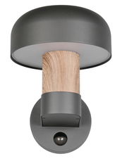 Moderne LED-Außenwandleuchte mit dunklem Schirm und Holzoptik, frontal betrachtet.