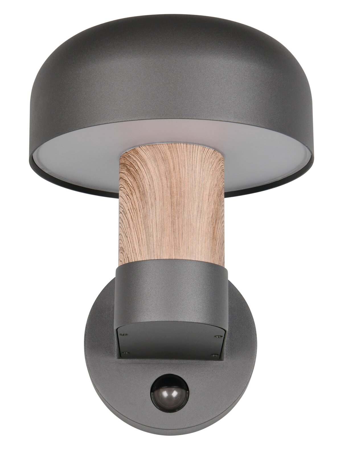 Moderne LED-buitenwandlamp met donkere kap en houtlook, gezien vanaf de voorkant.