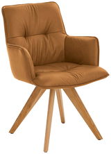 Design-Schalensessel in braunem Leder mit Holzbeinen, seitliche Perspektive