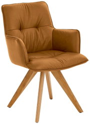 Designfauteuil van bruin leer met houten poten, zijaanzicht