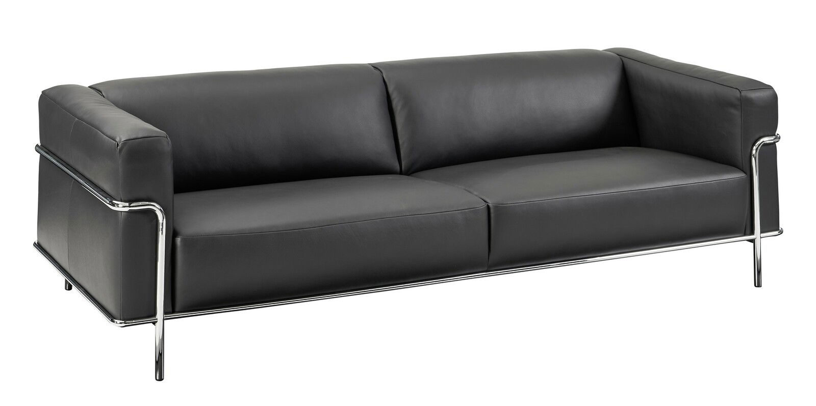 Modernes dreisitziges Sofa in schwarzem Leder mit verchromtem Metallrahmen, seitliche Perspektive