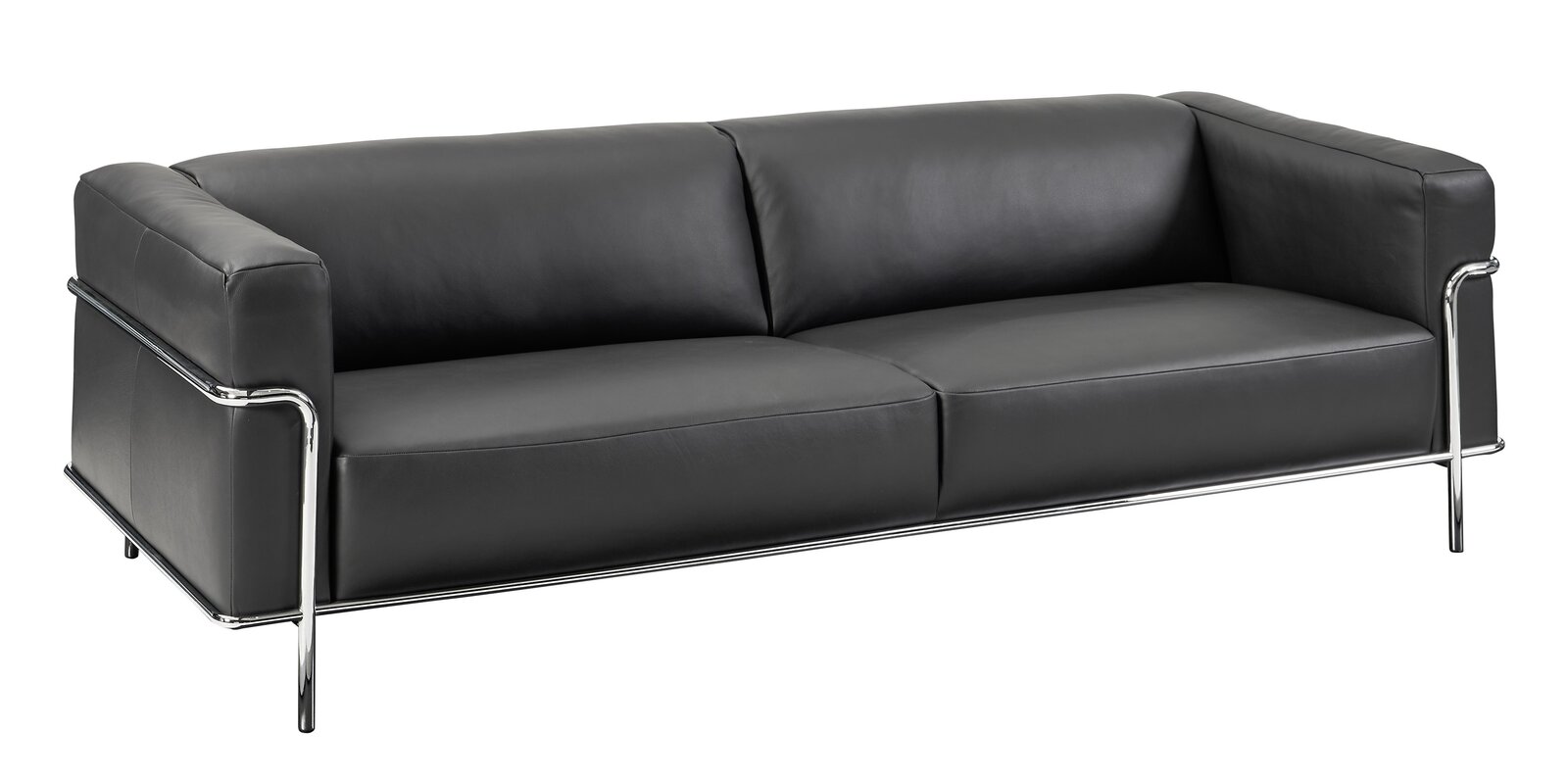 Modernes dreisitziges Sofa in schwarzem Leder mit verchromtem Metallrahmen, seitliche Perspektive