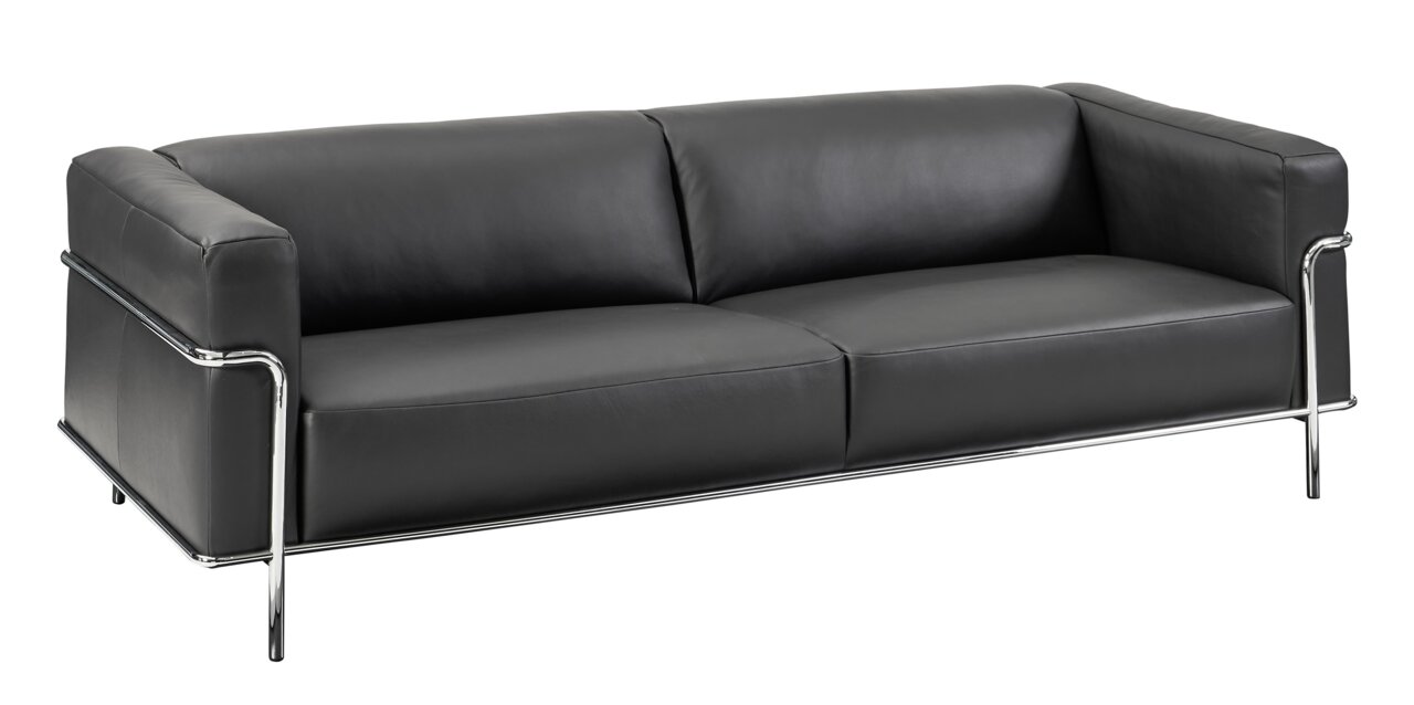 Johann Jakob Sofa 3er MANDIA Modernes dreisitziges Sofa in schwarzem Leder mit verchromtem Metallrahmen, seitliche Perspektive
