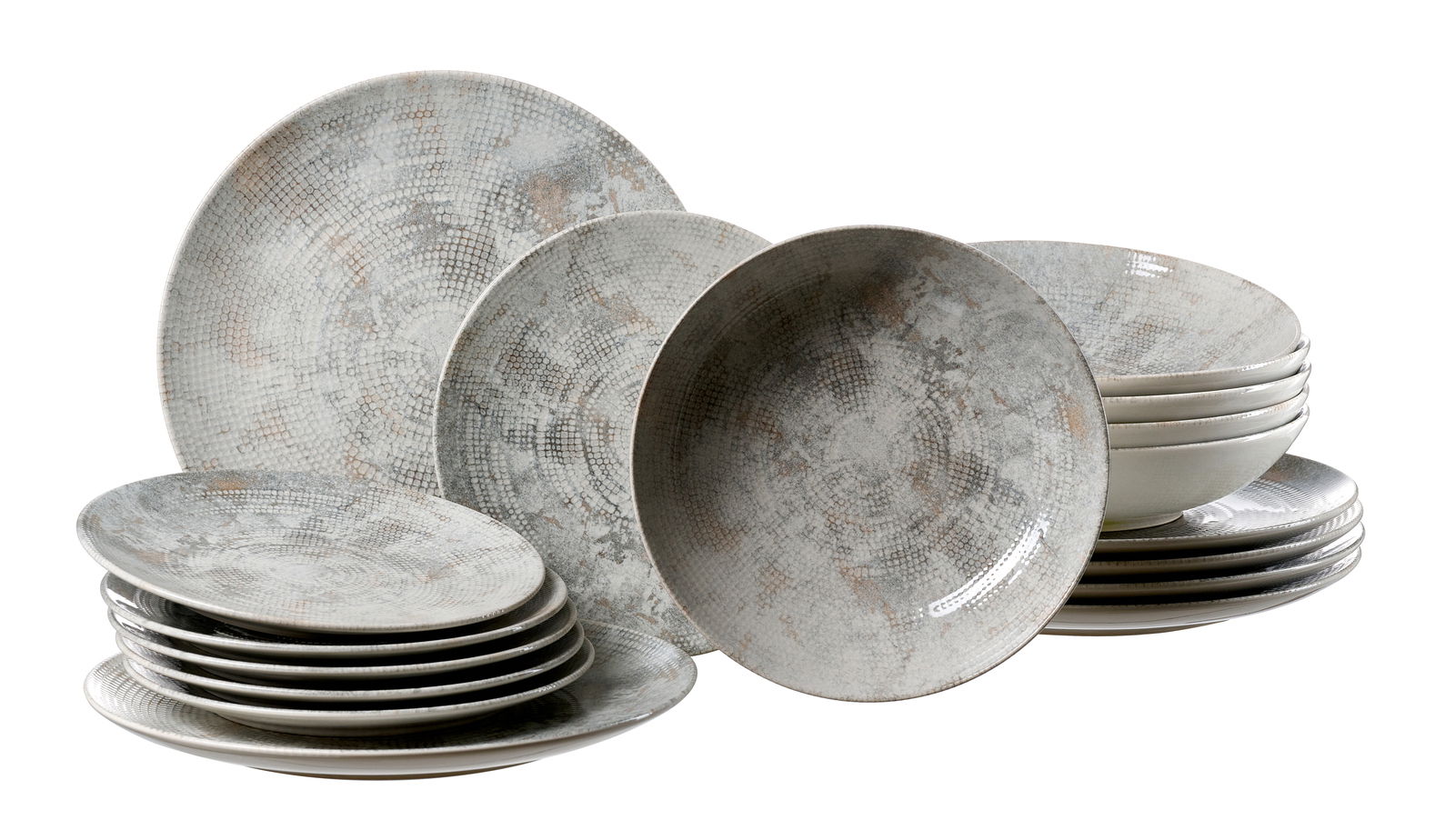 Ein 18-teiliges Geschirrset mit einem modernen, grauen Mosaikmuster, bestehend aus flachen und tiefen Tellern, aus einer leicht erhöhten Perspektive fotografiert.
