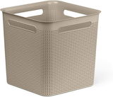 Quadratische, beige Aufbewahrungsbox mit perforierten Seiten und Griffen, seitliche Perspektive