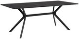 Moderner Esstisch mit schwarzer Tischplatte und schrägen Metallbeinen, seitliche Perspektive