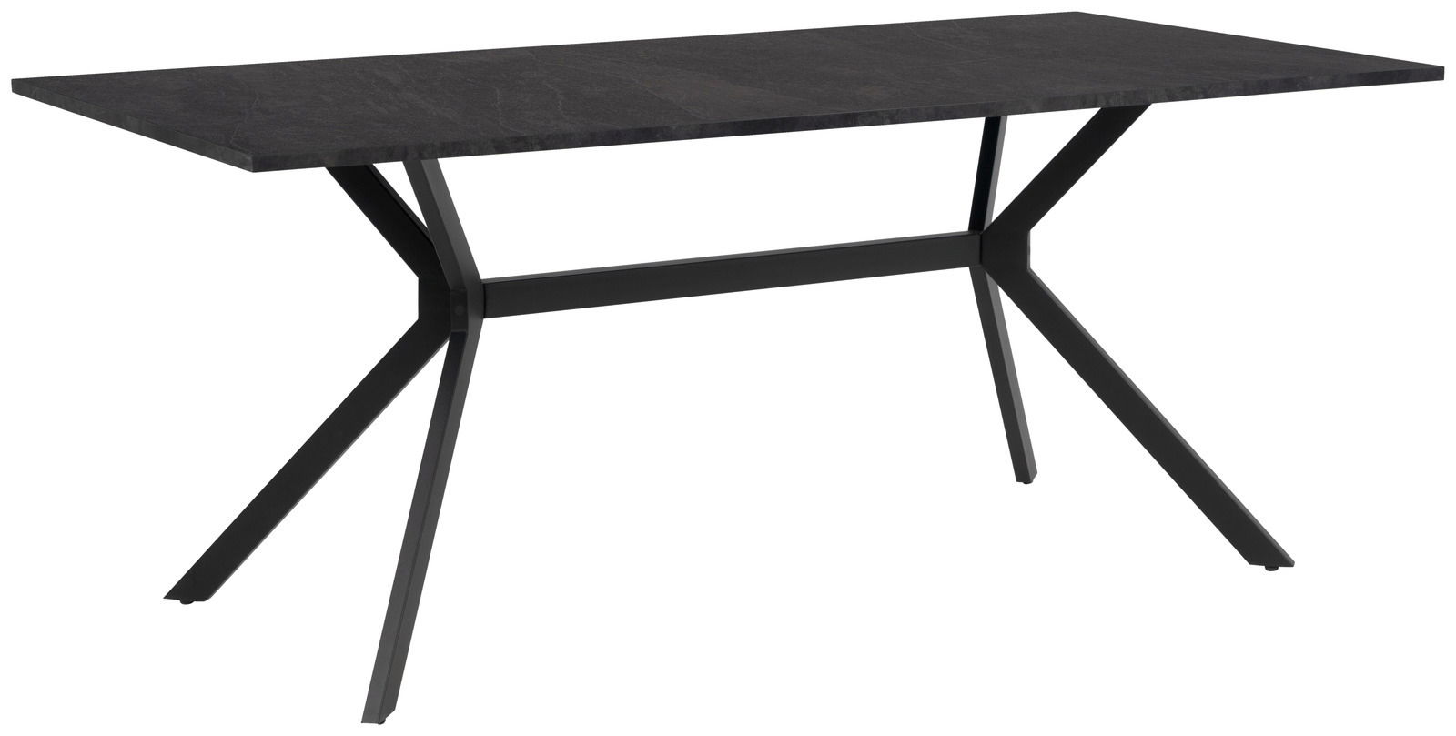 Moderner Esstisch mit schwarzer Tischplatte und schrägen Metallbeinen, seitliche Perspektive