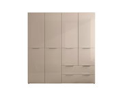 Moderner Kleiderschrank in Beige/Greige mit glänzenden Fronten, vier Türen und zwei Schubladen, Frontalansicht