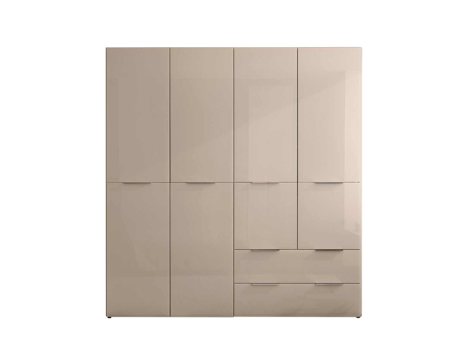 Moderner Kleiderschrank in Beige/Greige mit glänzenden Fronten, vier Türen und zwei Schubladen, Frontalansicht