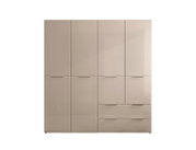 Moderner Kleiderschrank in Beige/Greige mit glänzenden Fronten, vier Türen und zwei Schubladen, Frontalansicht