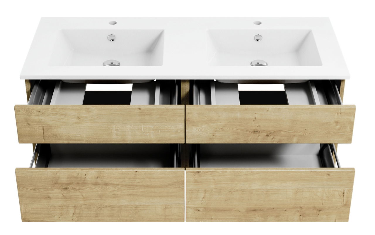 Frontansicht einer Badkombination mit zwei Waschbecken und vier offenen Schubladen in Holzoptik.