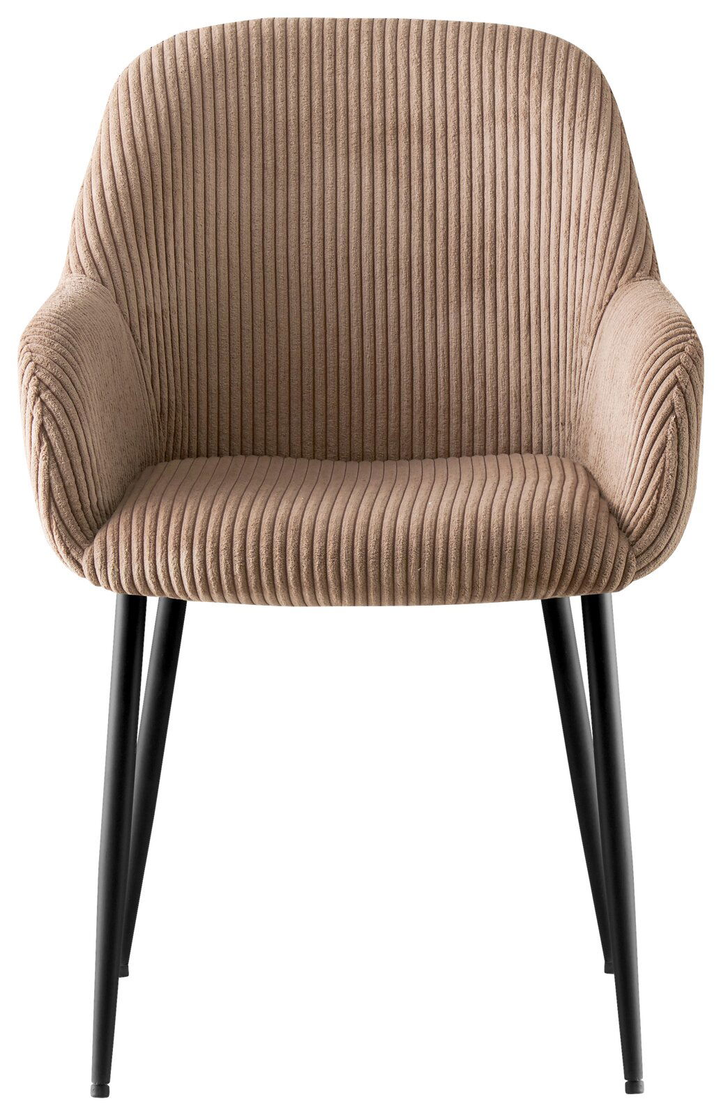 Vorderansicht eines beigen Armlehnstuhls mit geripptem Stoffbezug und schwarzen Metallbeinen.