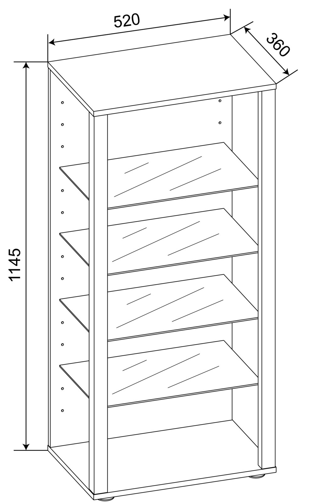 Technische Strichzeichnung eines schmalen Standregals mit vier Einlegeböden und Maßangaben 1145 mm Höhe, 520 mm Breite und 360 mm Tiefe, in schräger Vorderansicht (perspektivisch)