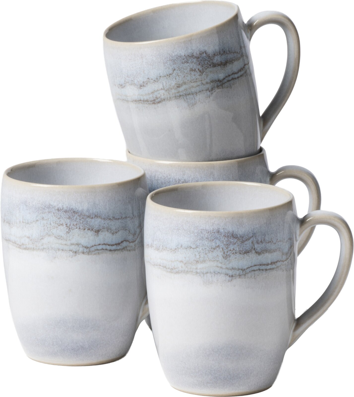 Gipfelstück Kaffeebecher 4er-Set TIEFER SEE Drei graue Keramik-Kaffeebecher mit Henkel und sanftem Farbverlauf, zwei vorne und einer leicht dahinter oben, fotografiert in schräger Frontansicht auf weißem Hintergrund