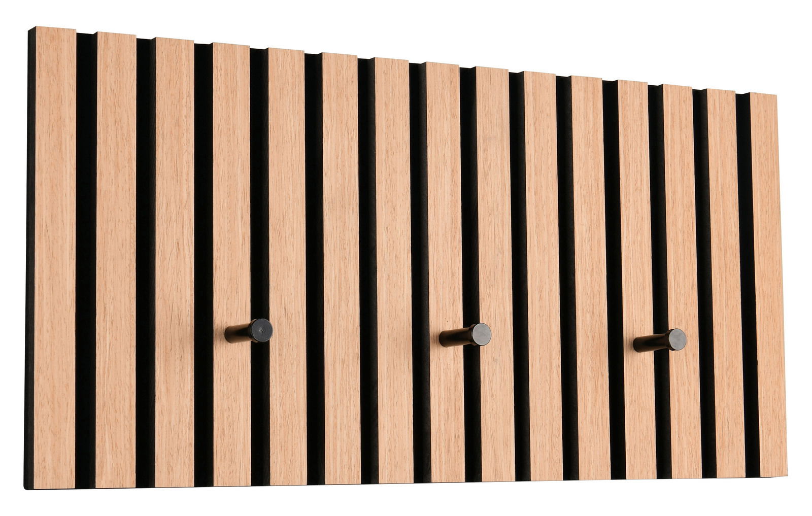 Garderobenleiste aus Holz mit schwarzen Haken, seitliche Perspektive