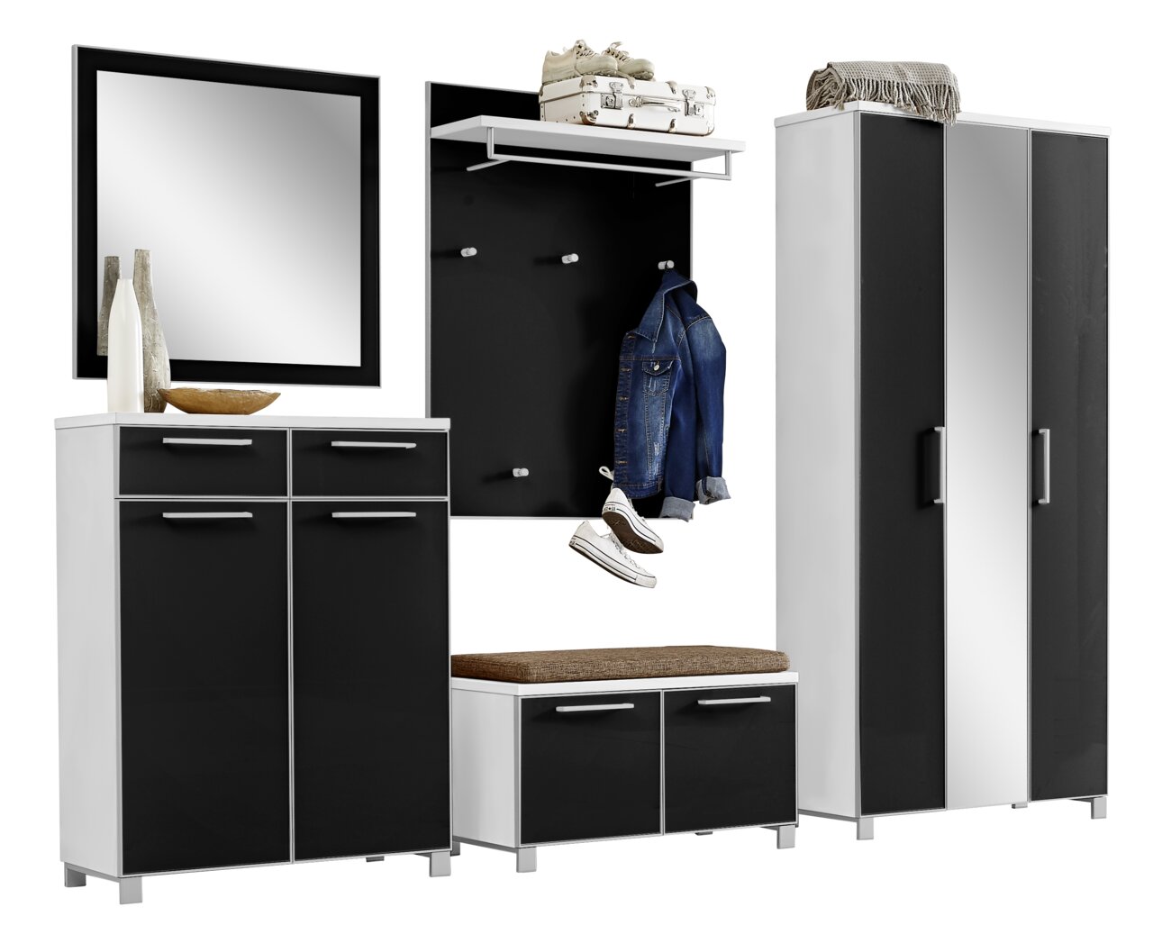 Garderoben-Set 6-tlg. in modernem Schwarz-Weiß-Design, bestehend aus einem Spiegel, einem Schuhschrank, einer Garderobenleiste mit Haken, einem Sitzbank-Schuhschrank und einem hohen Schrank. Frontalansicht.