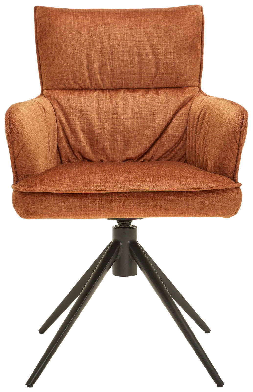 Vorderansicht eines Armlehnstuhls mit rostfarbenem Stoffbezug und schwarzem Metallgestell.