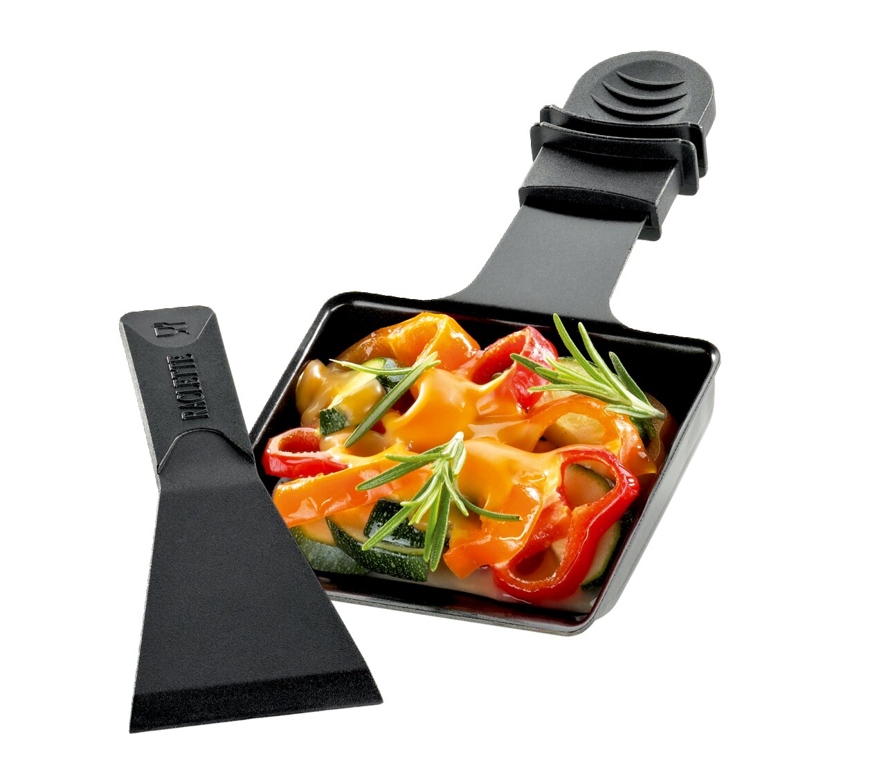 KÜCHENPROFI Raclettepfännchen mit Schaber Raclettepfännchen mit Schaber, gefüllt mit geschmolzenem Käse und Gemüse, aus der Vogelperspektive