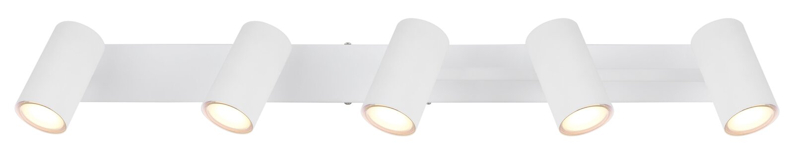 Moderner weißer Strahler mit fünf verstellbaren Leuchten, seitliche Perspektive