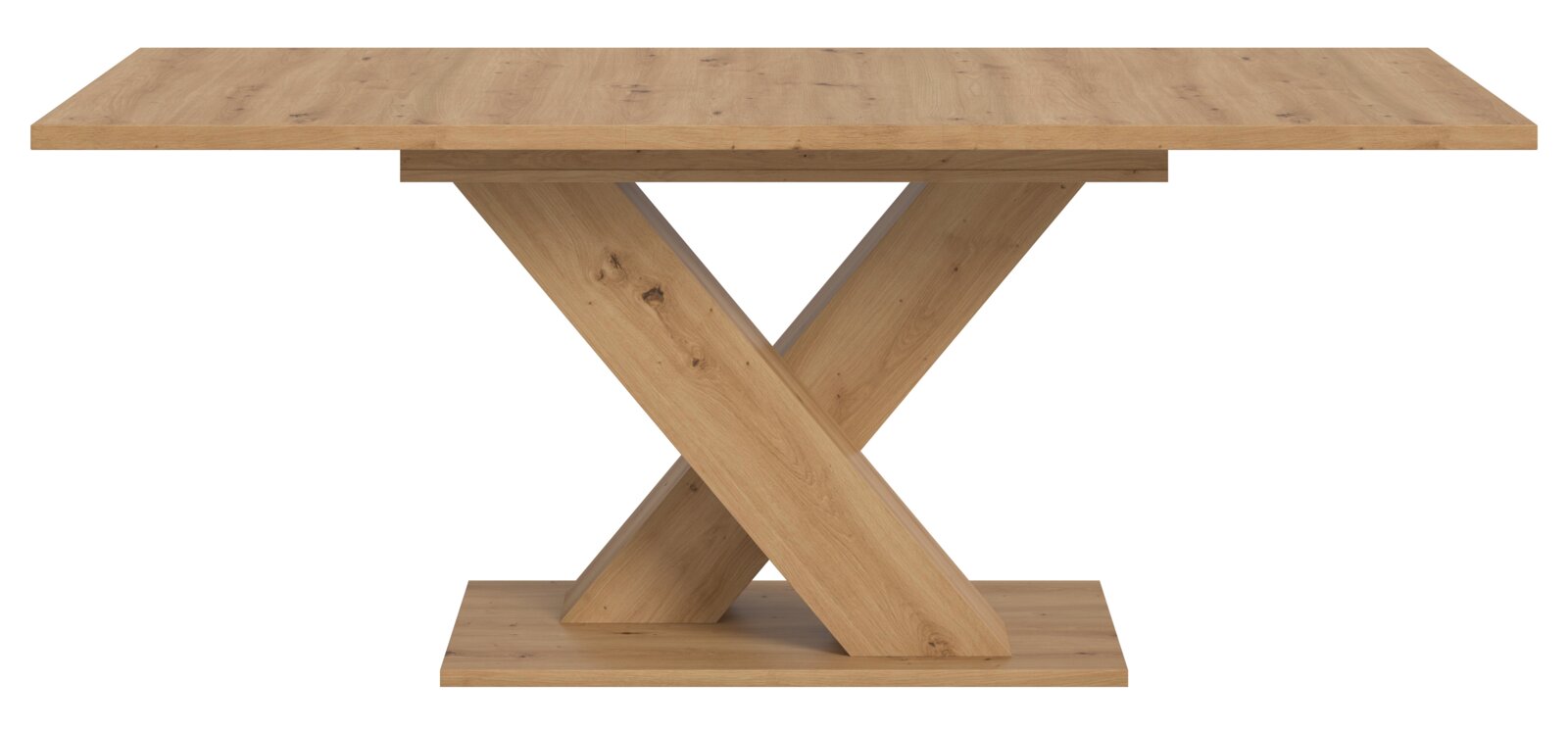 Moderner Esstisch aus Holz mit X-förmigem Gestell, Frontalansicht