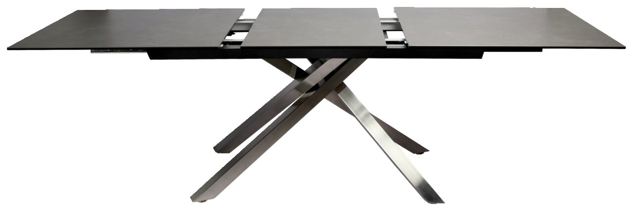 Moderner Esstisch mit ausziehbarer Tischplatte und gekreuztem Metallgestell, Seitenansicht