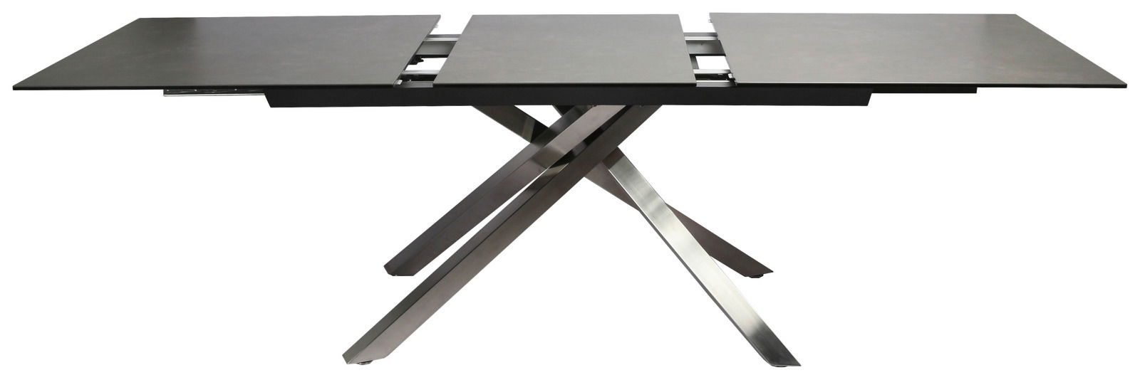 Moderner Esstisch mit ausziehbarer Tischplatte und gekreuztem Metallgestell, Seitenansicht