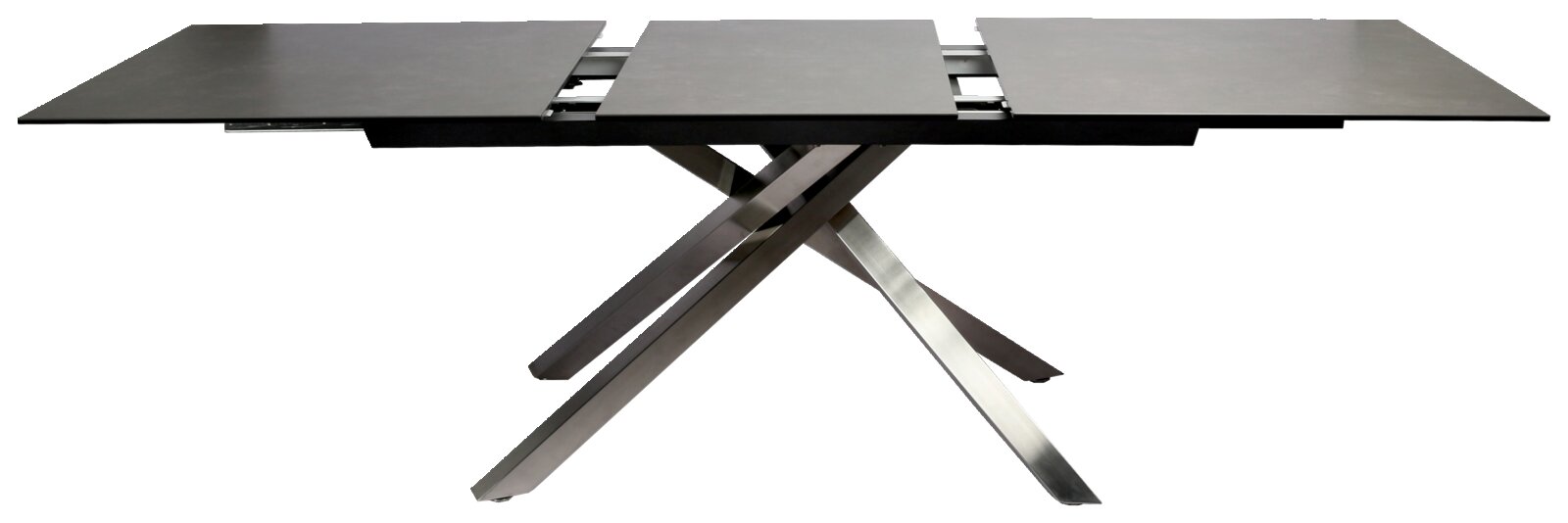 Moderne eettafel met uitschuifbaar tafelblad en gekruist metalen onderstel, zijaanzicht
