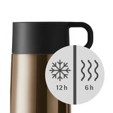 Impulse Travel Mug 0,3l Cromar, seitliche Ansicht, schwarz-goldenes Design, hält Getränke 12 Stunden kalt und 6 Stunden warm.