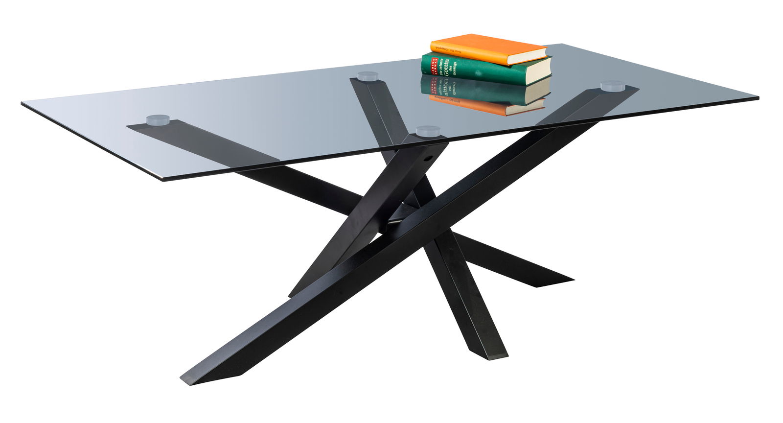 Moderner Couchtisch mit Glasplatte und schwarzem Metallgestell, seitliche Perspektive.