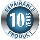 Logo mit der Aufschrift '10 Jahre reparierbares Produkt' in blauer und silberner Farbe, mit einem Schraubendreher-Symbol in der Mitte, aus der Vorderansicht.